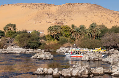 Beautiful sandy landmark of faluca traditional boat sailing in the nile river bank with vegetation