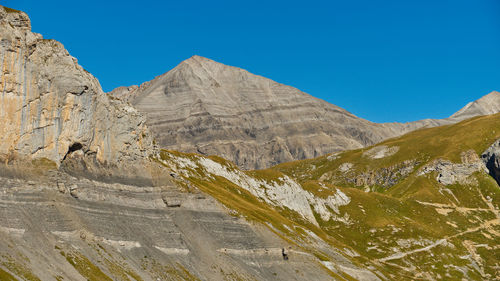 Scenic view of mountains against clear blue sky