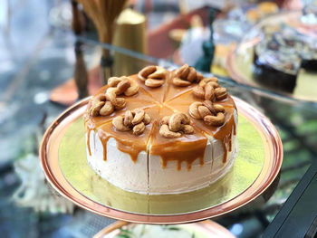 High angle view of dessert in plate on table