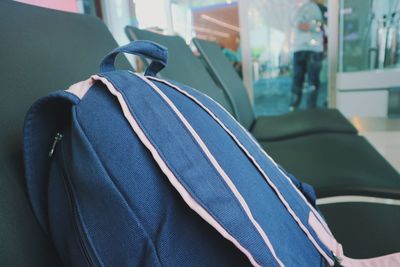 Close-up of backpack on seat 