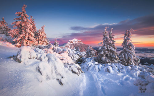 Snow covered landscape against sky during sunset