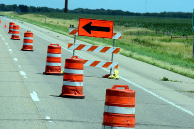 Traffic cones arranged on road