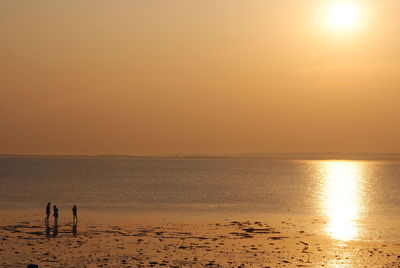 Silhouette people at beach against clear sky during sunset