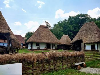 Houses and trees on field against sky