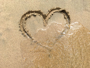 Close-up of heart shape on sand