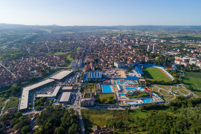 High angle view of buildings in city