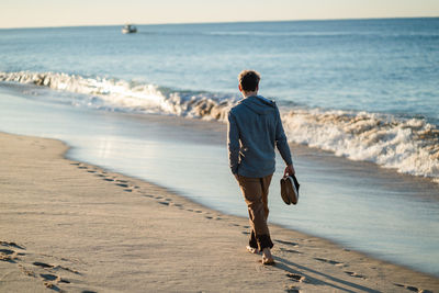 Rear view of man walking on beach