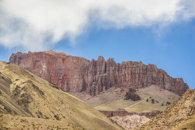 Rock formations on landscape against cloudy sky