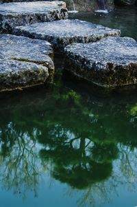 Reflection of rocks in lake