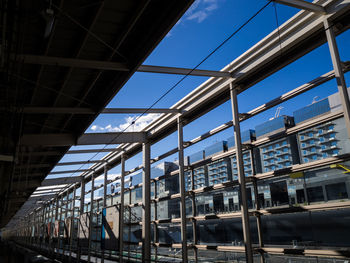 Low angle view of train in railroad station against sky