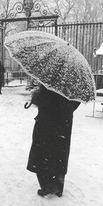 Man on snow covered tree