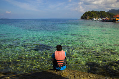 Rear view of man sitting on shore against sky