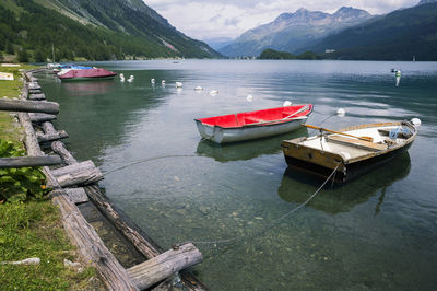 High angle view of boats moored in lake