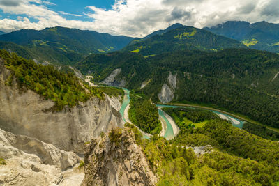 View of the rhine gorge by day, canton of graubünden, switzerland.