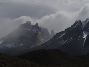 Scenic view of mountains against cloudy sky