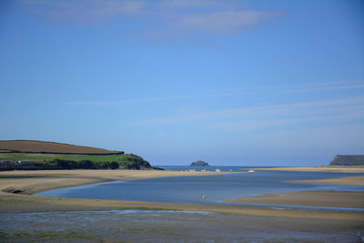 Scenic view of beach against blue sky