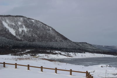 Scenic view of snow covered mountains against sky