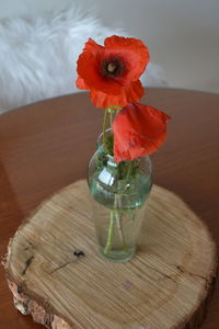 Close-up of red flower vase on table