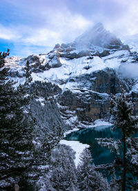 Scenic view of snowcapped mountains against sky