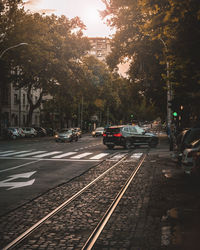 Cars on street in city during sunset