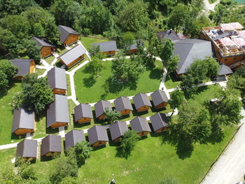 High angle view of houses and buildings in town