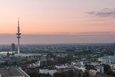 Aerial view of city at sunset