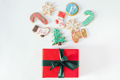 Directly above shot of christmas decoration on white background