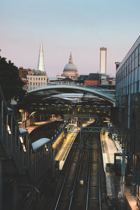 High angle view of railroad station in city