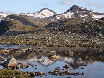 Scenic view of lake and snowcapped mountains against sky