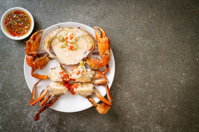 High angle view of seafood on table