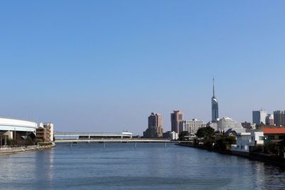 River in city against clear sky