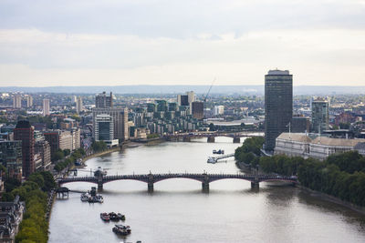Bridge over river with city in background