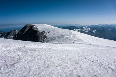 Scenic view of snowcapped mountains against blue sky