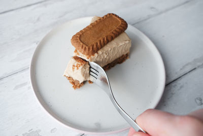High angle view of cake in plate on table