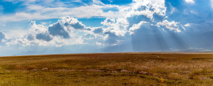 Scenic view of field against cloudy sky