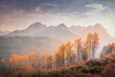 Scenic view of mountains against sky during autumn