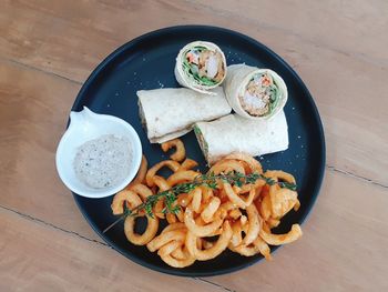 High angle view of food in plate on table