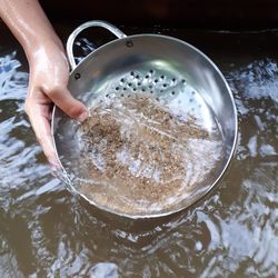 Close-up person panning for gold