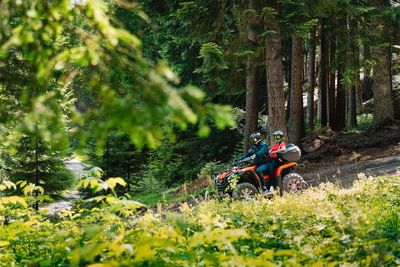 People riding motorcycle atv on forest road in summer