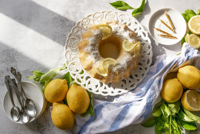 High angle view of fruits in bowl on table