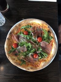 High angle view of pizza in plate on table