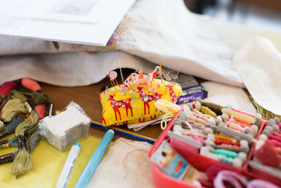 High angle view of sewing items on table