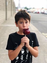Portrait of young boy holding candy apple