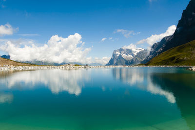 Scenic view of lake by mountains against sky