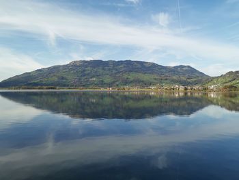 Scenic view of lake by mountains against sky