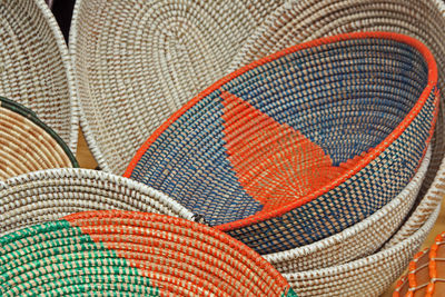 Close-up of wicker baskets for sale