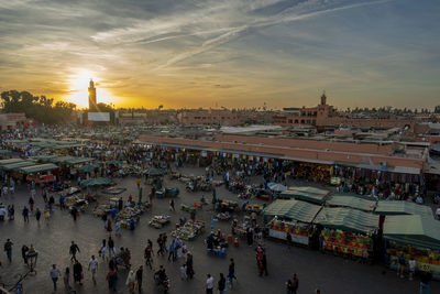 High angle view of city at sunset