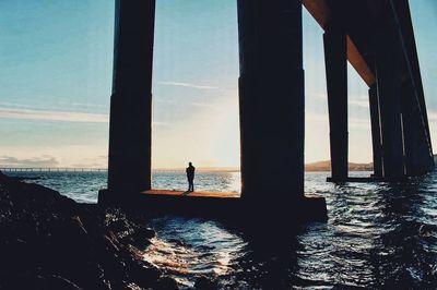 Silhouette man on beach against sky during sunset