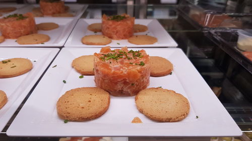 High angle view of food served on table