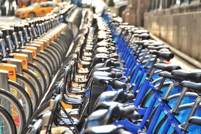 Close-up of bicycle in row